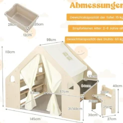 6-IN-1 Holz Kinderzelt mit Kindertisch & Stuhl & Matte & Tafel Spielhaus 145 x 98 x 113 cm
