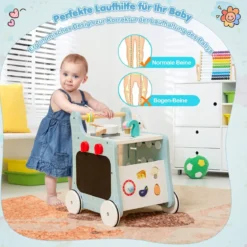 6 in 1 Holz Lauflernhilfe mit Spielküche & Lernuhr & Formanpassung & Lauflernwagen
