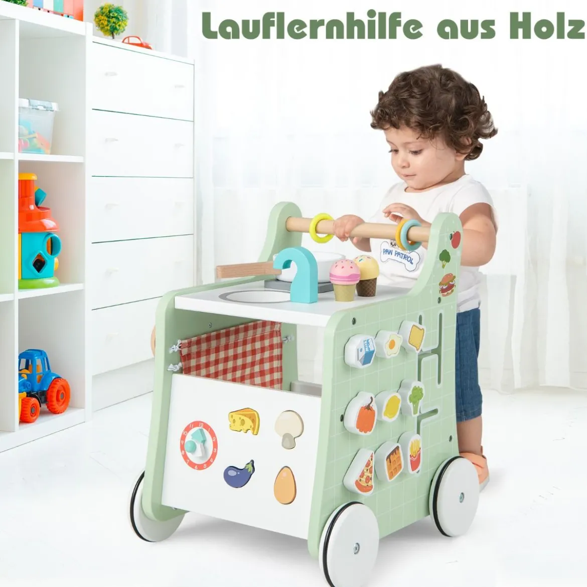 6 in 1 Holz Lauflernhilfe mit Spielküche & Lernuhr & Formanpassung & Lauflernwagen
