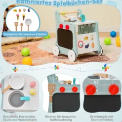 6 in 1 Holz Lauflernhilfe mit Spielküche & Lernuhr & Formanpassung & Lauflernwagen