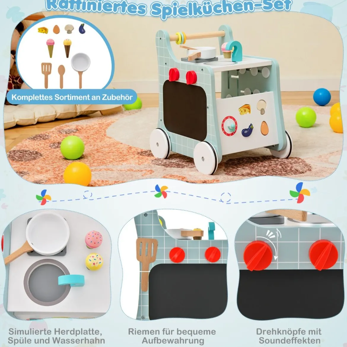 6 in 1 Holz Lauflernhilfe mit Spielküche & Lernuhr & Formanpassung & Lauflernwagen