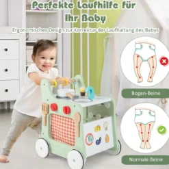 6 in 1 Holz Lauflernhilfe mit Spielküche & Lernuhr & Formanpassung & Lauflernwagen