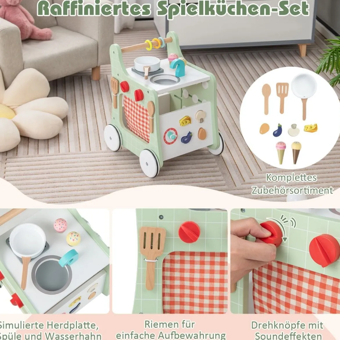 6 in 1 Holz Lauflernhilfe mit Spielküche & Lernuhr & Formanpassung & Lauflernwagen