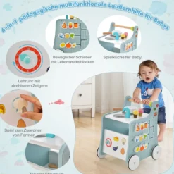6 in 1 Holz Lauflernhilfe mit Spielküche & Lernuhr & Formanpassung & Lauflernwagen