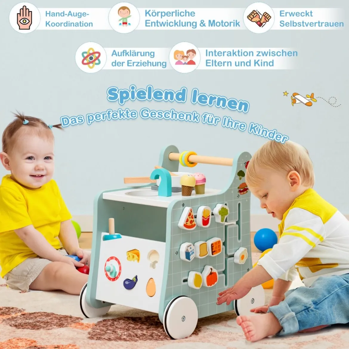 6 in 1 Holz Lauflernhilfe mit Spielküche & Lernuhr & Formanpassung & Lauflernwagen