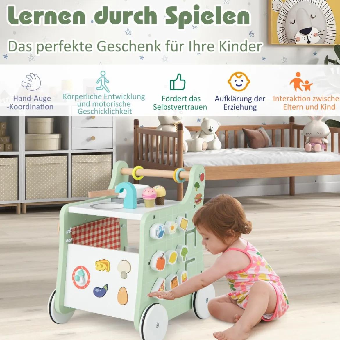 6 in 1 Holz Lauflernhilfe mit Spielküche & Lernuhr & Formanpassung & Lauflernwagen