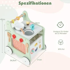 6 in 1 Holz Lauflernhilfe mit Spielküche & Lernuhr & Formanpassung & Lauflernwagen
