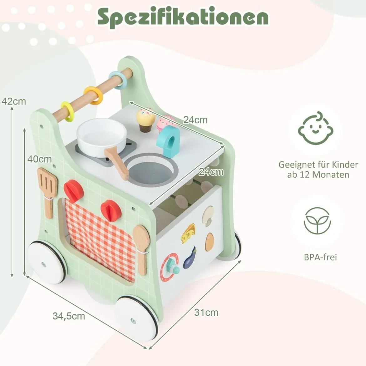 6 in 1 Holz Lauflernhilfe mit Spielküche & Lernuhr & Formanpassung & Lauflernwagen