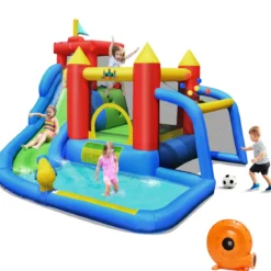 7 in 1 Hüpfburg und 450W Gebläse Kombination mit Wasserrutsche Outdoor Bouncer Spielpool mit Luftgebläse 350x315x245cm