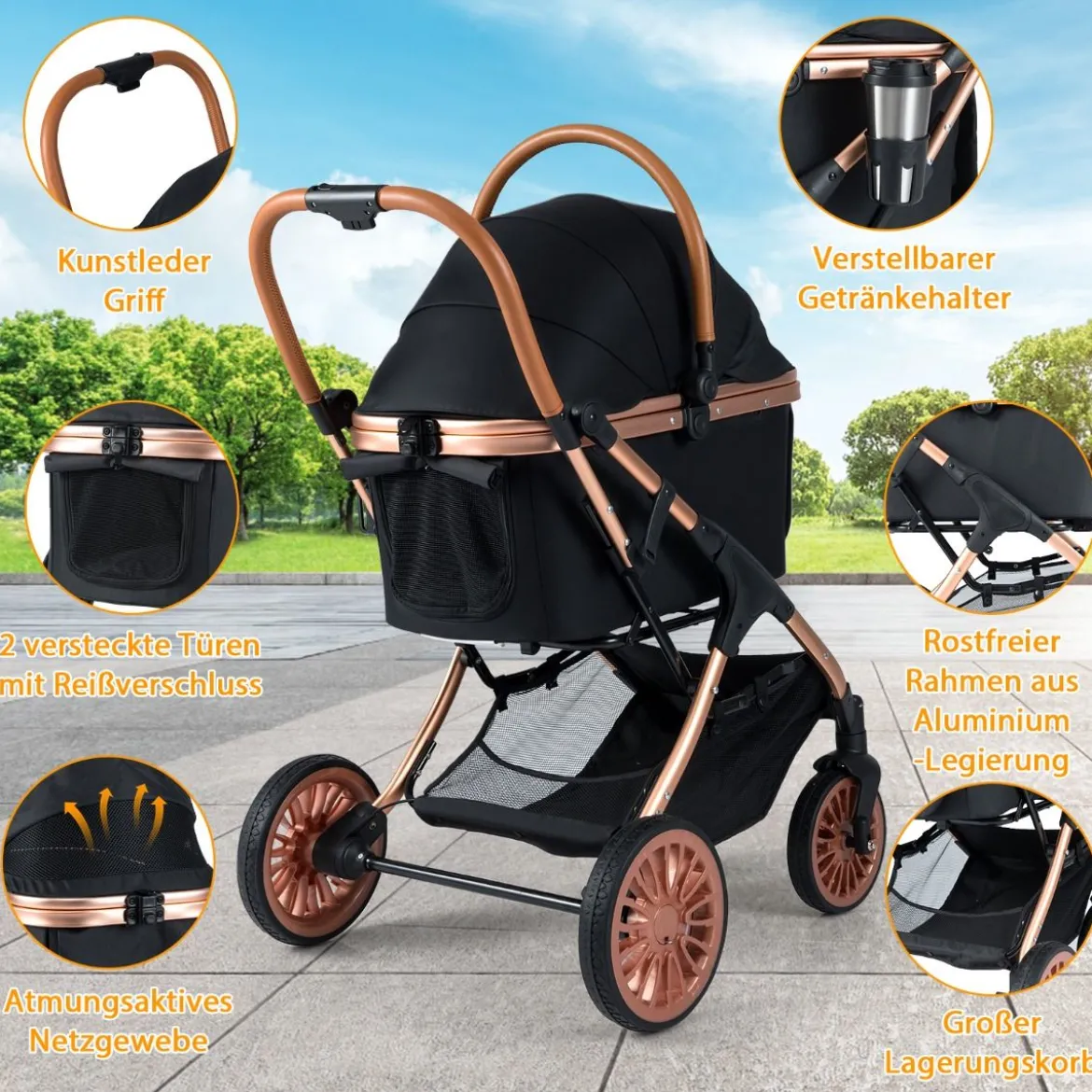3 in 1 Hundebuggy mit Sonnenschutz & Sicherheitsgurt & Getränkehalter Reisewagen Hundewagen