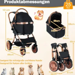3 in 1 Hundebuggy mit Sonnenschutz & Sicherheitsgurt & Getränkehalter Reisewagen Hundewagen