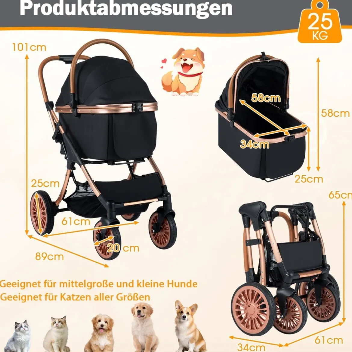 3 in 1 Hundebuggy mit Sonnenschutz & Sicherheitsgurt & Getränkehalter Reisewagen Hundewagen