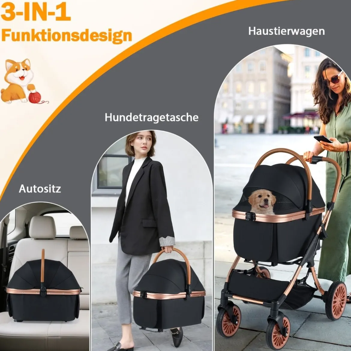 3 in 1 Hundebuggy mit Sonnenschutz & Sicherheitsgurt & Getränkehalter Reisewagen Hundewagen