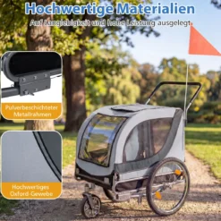2 in 1 Hunde Fahrradanhänger mit Dachöffnung Hundebuggy bis 80 kg Universal-Fahrradkupplung