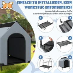 2 in 1 Hundehütte & erhöhtes Hundebett Hundeliege Outdoor Haustierhaus mit atmungsaktivem Netzgewebe Grau