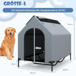 2 in 1 Hundehütte & erhöhtes Hundebett Hundeliege Outdoor Haustierhaus mit atmungsaktivem Netzgewebe Grau