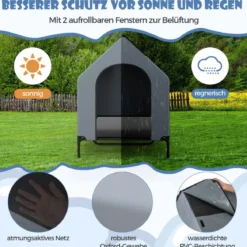 2 in 1 Hundehütte & erhöhtes Hundebett Hundeliege Outdoor Haustierhaus mit atmungsaktivem Netzgewebe Grau