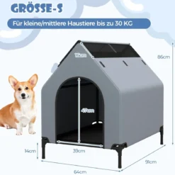 2 in 1 Hundehütte & erhöhtes Hundebett Hundeliege Outdoor Haustierhaus mit atmungsaktivem Netzgewebe Grau