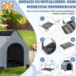 2 in 1 Hundehütte & erhöhtes Hundebett Hundeliege Outdoor Haustierhaus mit atmungsaktivem Netzgewebe Grau