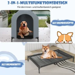 2 in 1 Hundehütte & erhöhtes Hundebett Hundeliege Outdoor Haustierhaus mit atmungsaktivem Netzgewebe Grau
