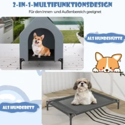 2 in 1 Hundehütte & erhöhtes Hundebett Hundeliege Outdoor Haustierhaus mit atmungsaktivem Netzgewebe Grau