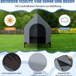 2 in 1 Hundehütte & erhöhtes Hundebett Hundeliege Outdoor Haustierhaus mit atmungsaktivem Netzgewebe Grau