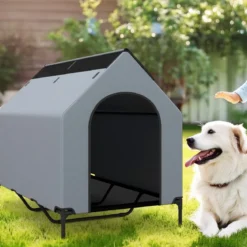 2 in 1 Hundehütte & erhöhtes Hundebett Hundeliege Outdoor Haustierhaus mit atmungsaktivem Netzgewebe Grau