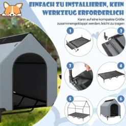 2 in 1 Hundehütte & erhöhtes Hundebett Hundeliege Outdoor Haustierhaus mit atmungsaktivem Netzgewebe Grau