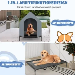 2 in 1 Hundehütte & erhöhtes Hundebett Hundeliege Outdoor Haustierhaus mit atmungsaktivem Netzgewebe Grau