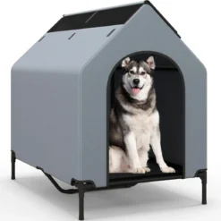 2 in 1 Hundehütte & erhöhtes Hundebett Hundeliege Outdoor Haustierhaus mit atmungsaktivem Netzgewebe Grau