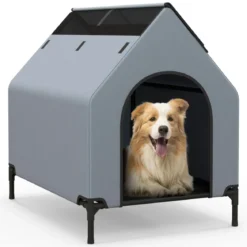2 in 1 Hundehütte & erhöhtes Hundebett Hundeliege Outdoor Haustierhaus mit atmungsaktivem Netzgewebe Grau