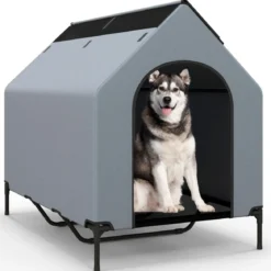 2 in 1 Hundehütte & erhöhtes Hundebett Hundeliege Outdoor Haustierhaus mit atmungsaktivem Netzgewebe Grau