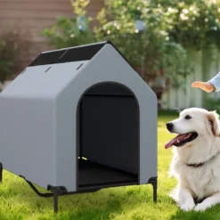 2 in 1 Hundehütte & erhöhtes Hundebett Hundeliege Outdoor Haustierhaus mit atmungsaktivem Netzgewebe Grau