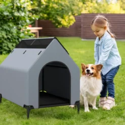 2 in 1 Hundehütte & erhöhtes Hundebett Hundeliege Outdoor Haustierhaus mit atmungsaktivem Netzgewebe Grau