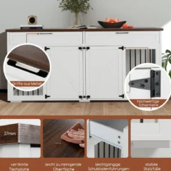 3 in 1 Hundekäfig mit 2 Türen & 2 Schubladen & Trennwand Hundebox im Möbelstil Weiß
