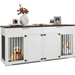 3 in 1 Hundekäfig mit 2 Türen & 2 Schubladen & Trennwand Hundebox im Möbelstil Weiß