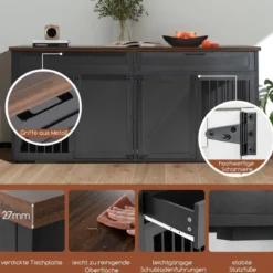 3 in 1 Hundekäfig mit 2 Türen & 2 Schubladen & Trennwand Hundebox im Möbelstil Schwarz