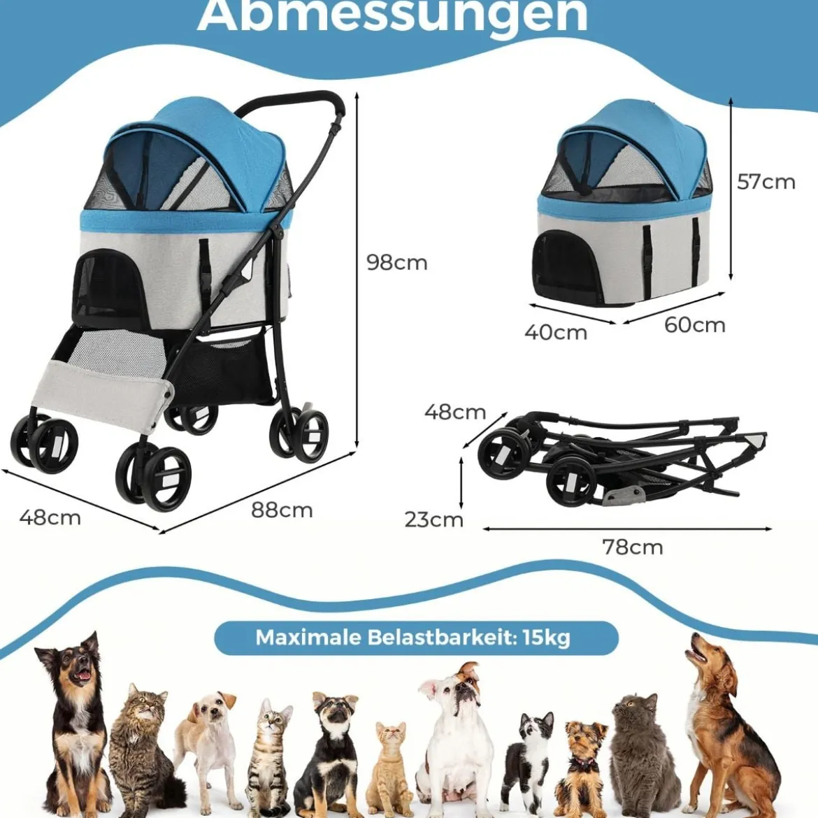 3 in 1 Hundewagen Hundebuggy klappbar bis 15 kg Haustierwagen mit Netzfenstern Blau