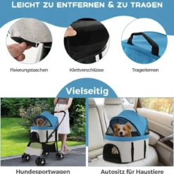 3 in 1 Hundewagen Hundebuggy klappbar bis 15 kg Haustierwagen mit Netzfenstern Blau
