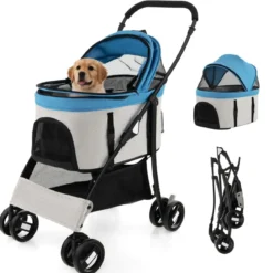 3 in 1 Hundewagen Hundebuggy klappbar bis 15 kg Haustierwagen mit Netzfenstern Blau