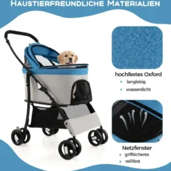 3 in 1 Hundewagen Hundebuggy klappbar bis 15 kg Haustierwagen mit Netzfenstern Blau