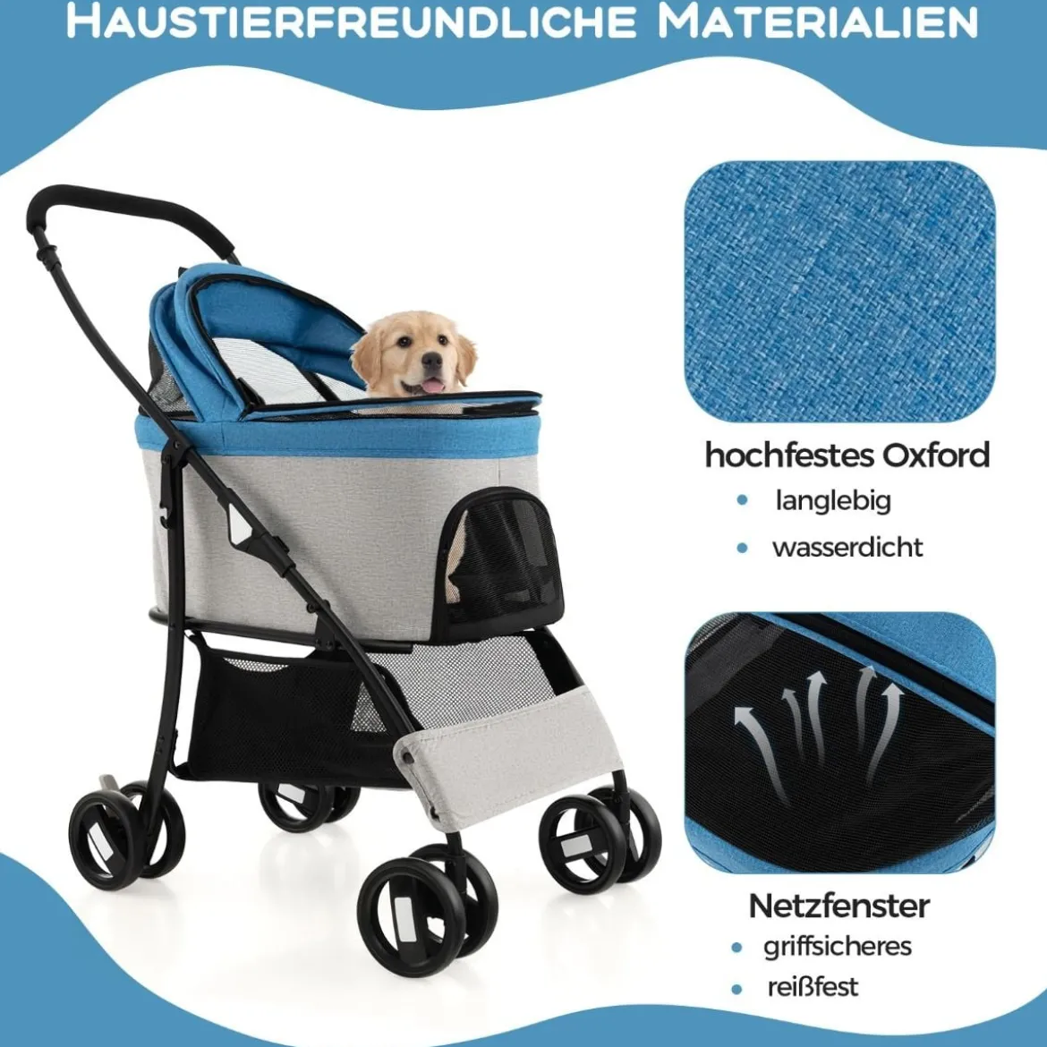 3 in 1 Hundewagen Hundebuggy klappbar bis 15 kg Haustierwagen mit Netzfenstern Blau