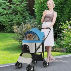 3 in 1 Hundewagen Hundebuggy klappbar bis 15 kg Haustierwagen mit Netzfenstern Blau