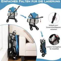 3 in 1 Hundewagen Hundebuggy klappbar bis 15 kg Haustierwagen mit Netzfenstern Blau