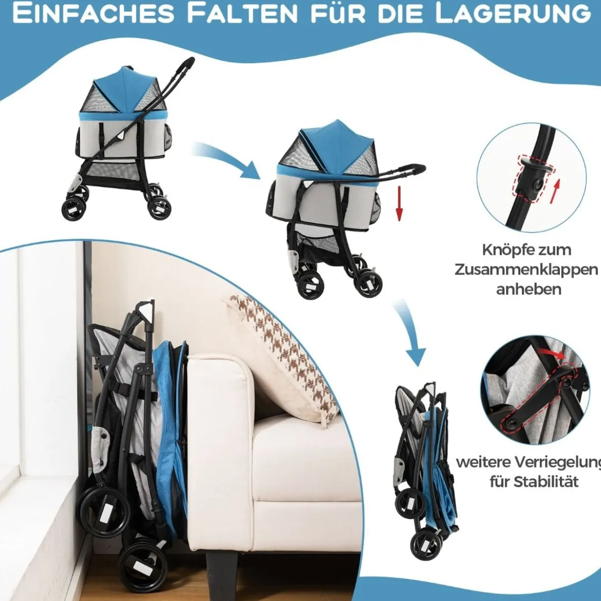 3 in 1 Hundewagen Hundebuggy klappbar bis 15 kg Haustierwagen mit Netzfenstern Blau