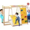 6-in-1 Indoor Klettergerüst Spielplatz mit Rutsche Kletterwand Basketballkorb Affenstange Seilnetz & Leiter Regenbogen