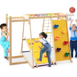 6-in-1 Indoor Klettergerüst Spielplatz mit Rutsche Kletterwand Basketballkorb Affenstange Seilnetz & Leiter Regenbogen