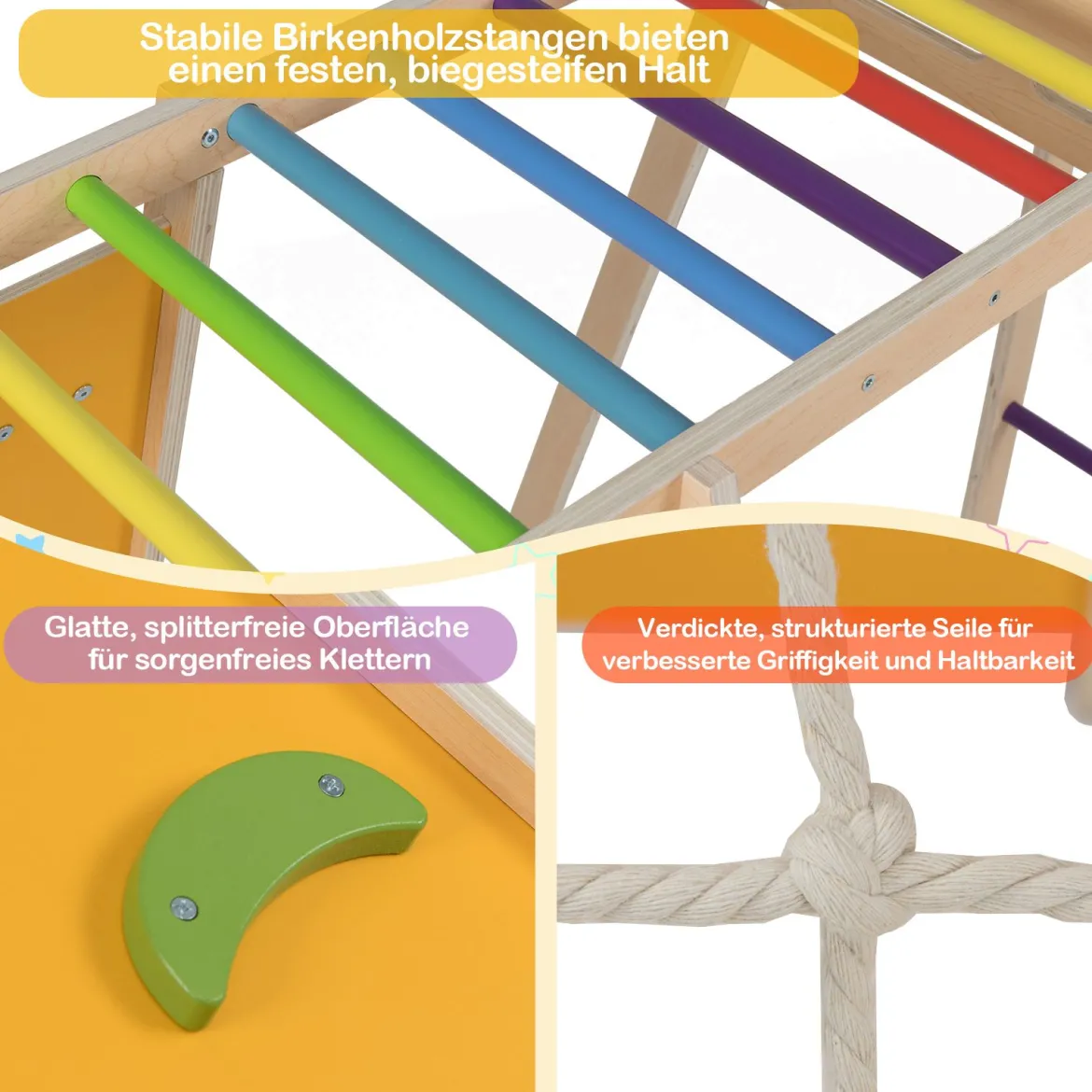 6-in-1 Indoor Klettergerüst Spielplatz mit Rutsche Kletterwand Basketballkorb Affenstange Seilnetz & Leiter Regenbogen