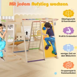 6-in-1 Indoor Klettergerüst Spielplatz mit Rutsche Kletterwand Basketballkorb Affenstange Seilnetz & Leiter Regenbogen