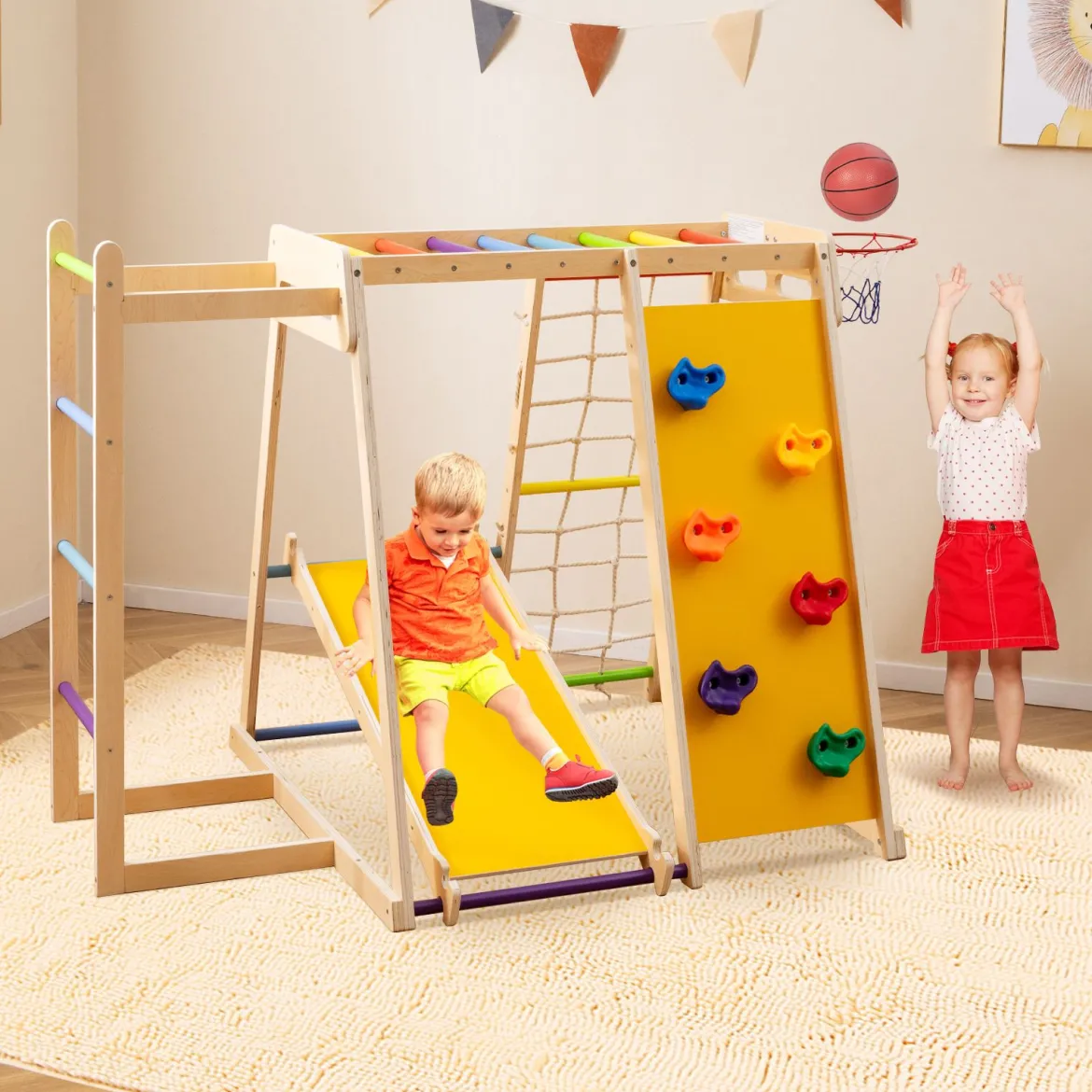 6-in-1 Indoor Klettergerüst Spielplatz mit Rutsche Kletterwand Basketballkorb Affenstange Seilnetz & Leiter Regenbogen